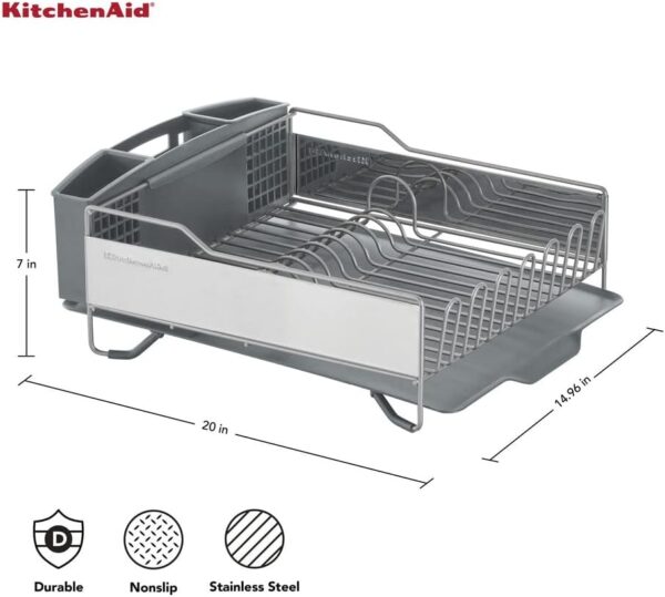 KitchenAid Large Capacity,Full Size, Rust Resistan Dish Rack Angled Drain Board and Removable Flatware Caddy, Light Grey - Image 3