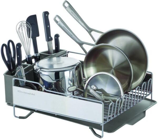 KitchenAid Large Capacity,Full Size, Rust Resistan Dish Rack Angled Drain Board and Removable Flatware Caddy, Light Grey - Image 2