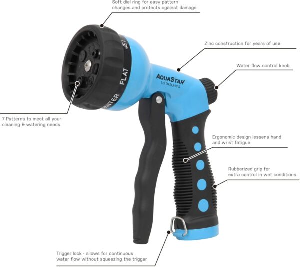 AQUASTAR- Metal Front-Trigger 7-Pattern Garden Hose Nozzle (Blue), Water flow control knob, Adjustable water flow with different paterns - Image 2