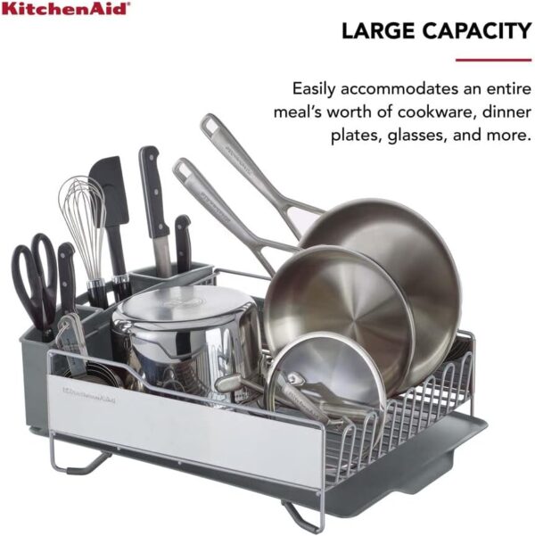 KitchenAid Large Capacity,Full Size, Rust Resistan Dish Rack Angled Drain Board and Removable Flatware Caddy, Light Grey