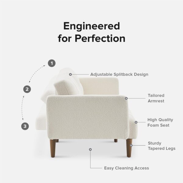 mopio Aaron Couch, Small Sofa, Futon, Sofa Bed, Sleeper Sofa, Loveseat, Mid Century Modern Futon Couch, Sofa Cama, Couches for Living Room, Bedroom (Pearl White, Boucle) - Image 4