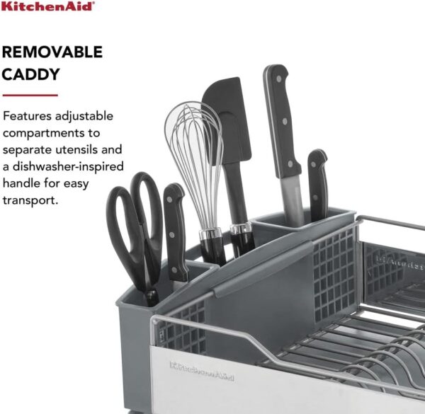 KitchenAid Large Capacity,Full Size, Rust Resistan Dish Rack Angled Drain Board and Removable Flatware Caddy, Light Grey - Image 4