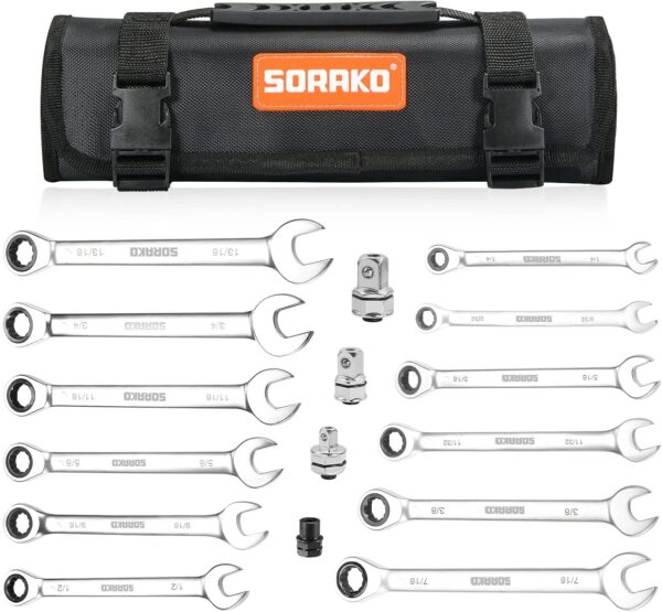 SORAKO 12 Piece Ratcheting Wrench Set, SAE 1/4-13/16 Chrome Vanadium Steel Wrenches, Combination Wrench Set for Car Repair and Household Equipment Repair with Handbag - Image 2