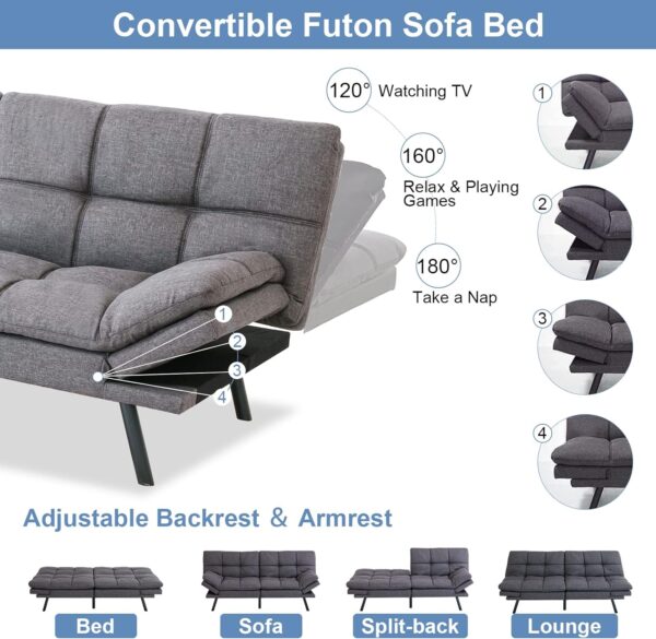 MUUEGM Futon Sofa Bed Couch Memory Foam Futon Convertible Couch Bed Sleeper,Modern Love Seat Daybed Sofa for Living Room,Small Space,Office,71",Adjustable Backrests Armrests,Grey - Image 4