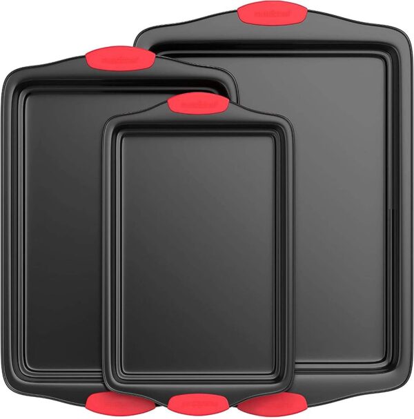 NutriChef 3-Piece Nonstick Kitchen Oven Baking Pans - Premium & Stylish Non-Stick Steel, Commercial Grade Restaurant Quality Metal Bakeware with Red Silicone Handles - Easy to Clean, NCSBS3S - Image 3