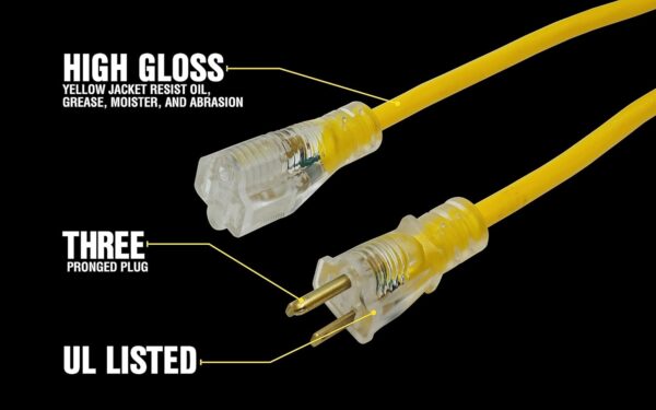 Yellow Jacket 2885 12/3 Heavy-Duty 15-Amp Premium SJTW Contractor Extension Cord with Lighted End; Ideal use With Heavy Duty Equipment and Tools; Durable Molded Plugs; 100 Feet; Yellow - Image 3