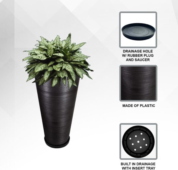 XBrand Modern 28-Inch Tall Round Planter, Modern Tapered Planter Perfect for Indoor & Outdoor Planter, Patio Décor, Black - Image 3