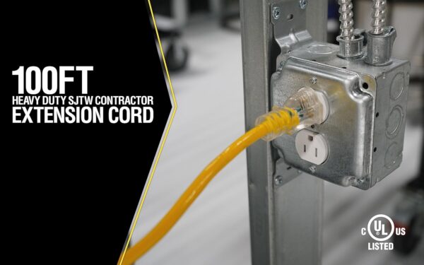 Yellow Jacket 2885 12/3 Heavy-Duty 15-Amp Premium SJTW Contractor Extension Cord with Lighted End; Ideal use With Heavy Duty Equipment and Tools; Durable Molded Plugs; 100 Feet; Yellow - Image 4
