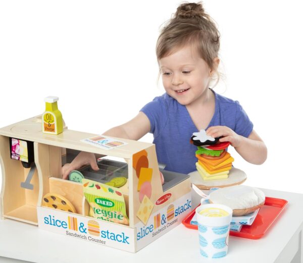Melissa & Doug Wooden Slice & Stack Sandwich Counter with Deli Slicer – 56-Piece Pretend Play Food Pieces - Image 4