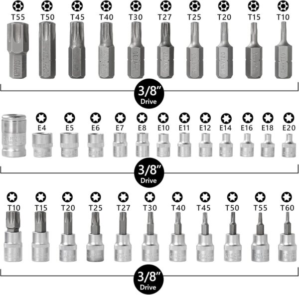 Drive Male Female Torx Star Bit Socket E-Socket Set Handheld Tool - 34 Pcs, Star Socket Set For Hand Use Work On Cars, Trucks, Machinery, and Other Jobs With Storage Case, Blue - Image 3