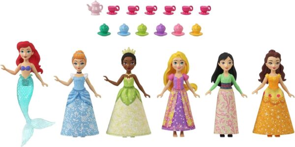 Mattel Disney Princess Toys, Small Doll Party Set with 6 Posable Princess Dolls in Sparkling Clothing & 13 Tea Time Accessories - Image 3