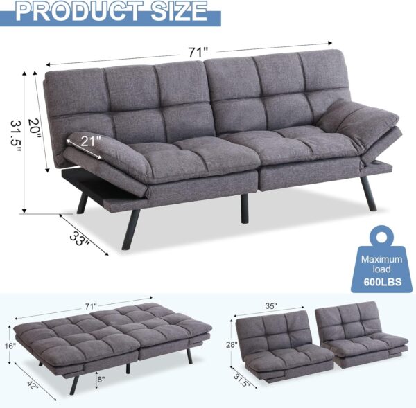 MUUEGM Futon Sofa Bed Couch Memory Foam Futon Convertible Couch Bed Sleeper,Modern Love Seat Daybed Sofa for Living Room,Small Space,Office,71",Adjustable Backrests Armrests,Grey - Image 2