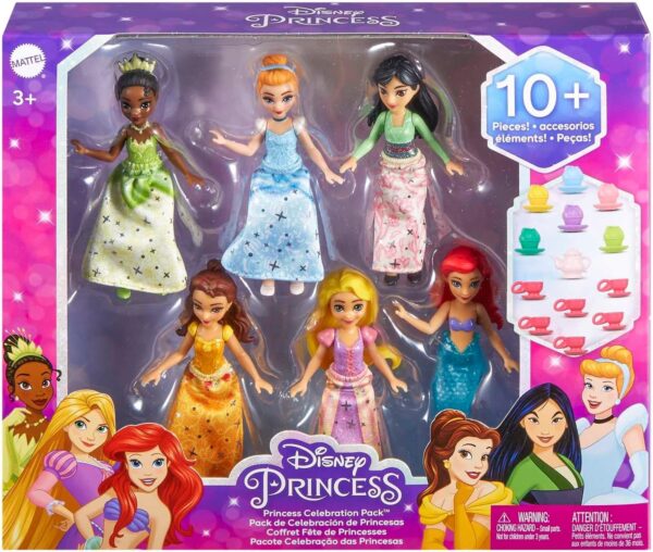 Mattel Disney Princess Toys, Small Doll Party Set with 6 Posable Princess Dolls in Sparkling Clothing & 13 Tea Time Accessories - Image 4