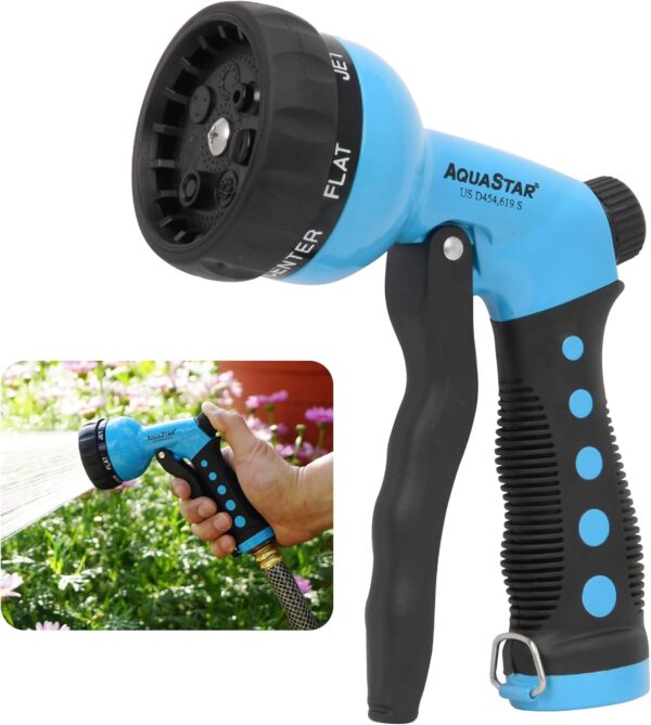 AQUASTAR- Metal Front-Trigger 7-Pattern Garden Hose Nozzle (Blue), Water flow control knob, Adjustable water flow with different paterns - Image 3