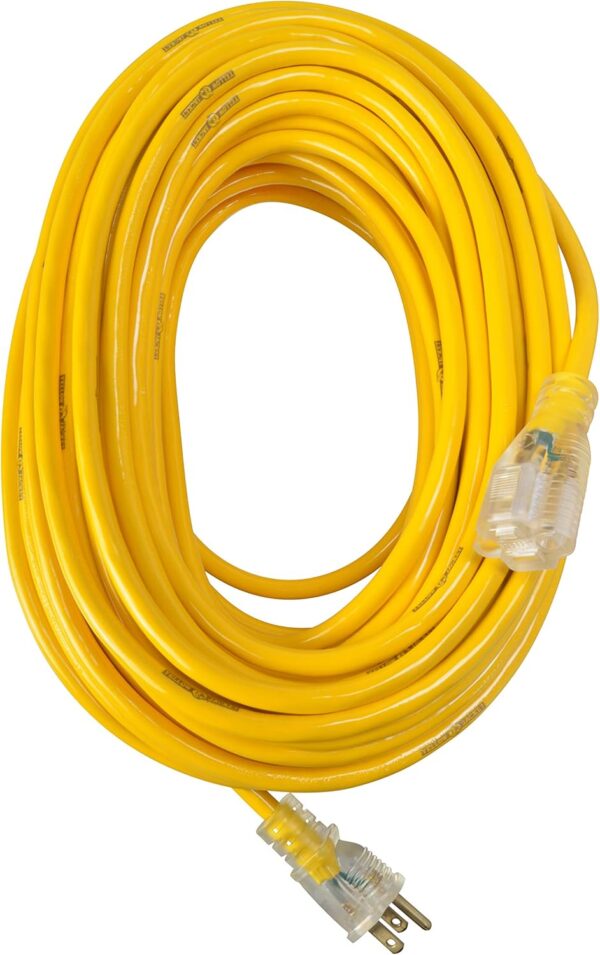 Yellow Jacket 2885 12/3 Heavy-Duty 15-Amp Premium SJTW Contractor Extension Cord with Lighted End; Ideal use With Heavy Duty Equipment and Tools; Durable Molded Plugs; 100 Feet; Yellow - Image 2
