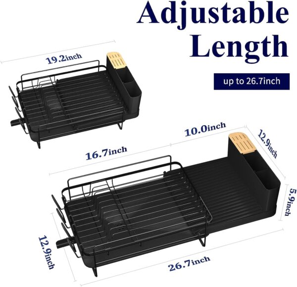 Kitsure Large Dish Drying Rack - Extendable Dish Rack, Multifunctional Dish Rack for Kitchen Counter, Anti-Rust Drying Dish Rack with Cutlery & Cup Holders 27" L x 12.9" W, Black - Image 3