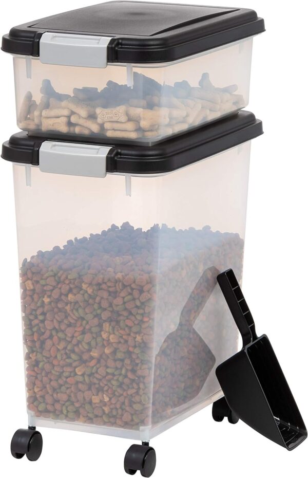 IRIS USA 30 lbs & 11 lbs Combo Airtight Dog Food Storage Container, Stackable Treat Box, 2-Cup Scoop, Wheels, Keep Fresh, Easy Mobility, Black - Image 4