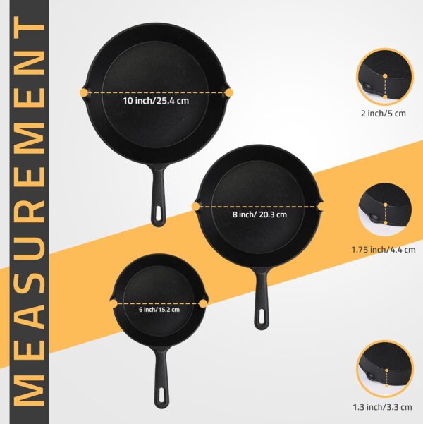 Utopia Kitchen Saute Fry Pan - Pre-Seasoned Cast Iron Skillet Set 3-Piece - Frying Pan - 6 Inch, 8 Inch and 10 Inch Cast Iron Set (Black) - Image 2