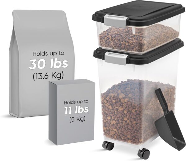IRIS USA 30 lbs & 11 lbs Combo Airtight Dog Food Storage Container, Stackable Treat Box, 2-Cup Scoop, Wheels, Keep Fresh, Easy Mobility, Black - Image 2