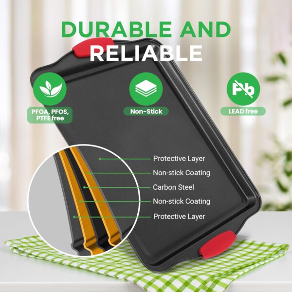 NutriChef 3-Piece Nonstick Kitchen Oven Baking Pans - Premium & Stylish Non-Stick Steel, Commercial Grade Restaurant Quality Metal Bakeware with Red Silicone Handles - Easy to Clean, NCSBS3S - Image 4