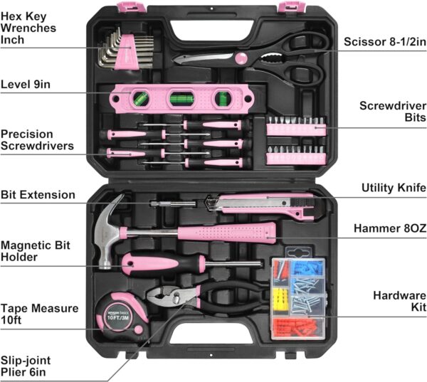 Amazon Basics Household Tool Kit With Storage Case, 142 Piece, Pink, 13.39 x 9.25 x 2.95 inch - Image 4