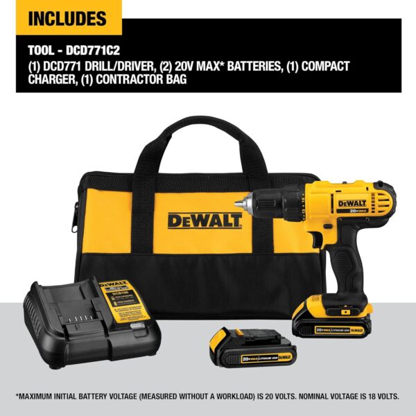 DEWALT 20V Max Cordless Drill/Driver Kit, Includes 2 Batteries and Charger (DCD771C2) - Image 3