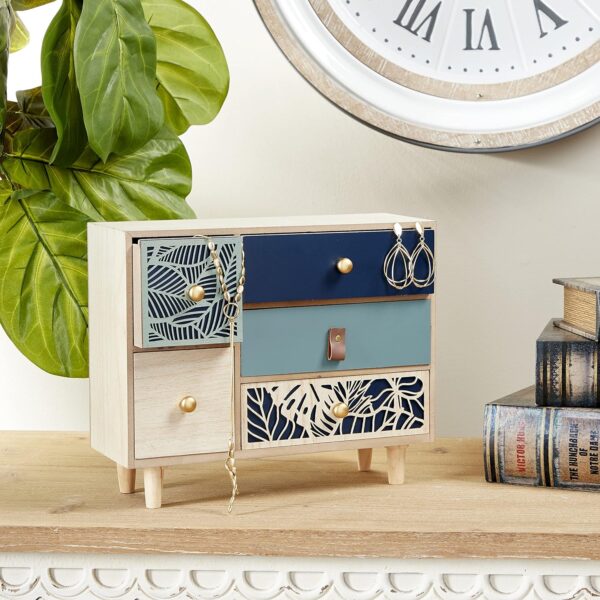 Deco 79 Wood Leaf 5 Drawer Jewelry Box, 13" x 5" x 10", Blue